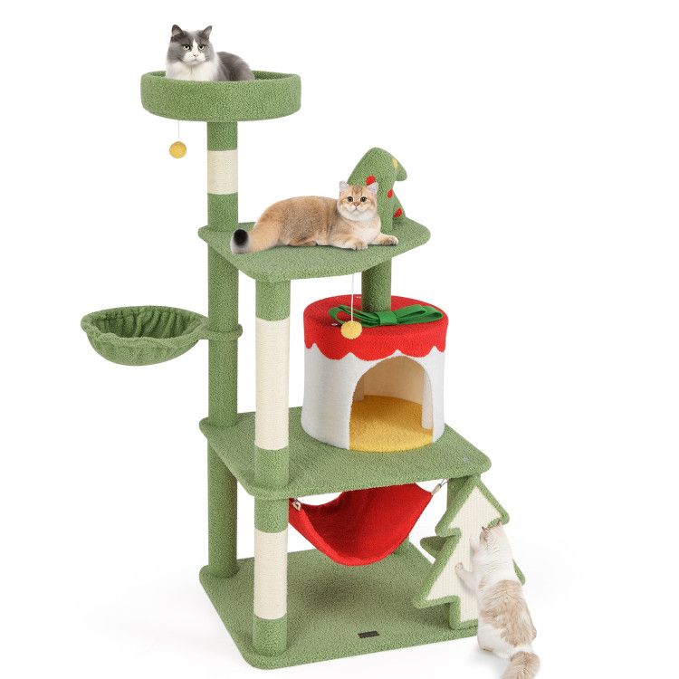 Cute Christmas Cat Tree with Sisal Scratching Posts and Gift Box