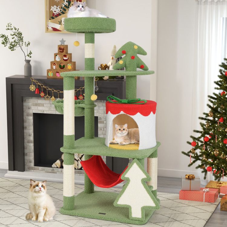 Cute Christmas Cat Tree with Sisal Scratching Posts and Gift Box