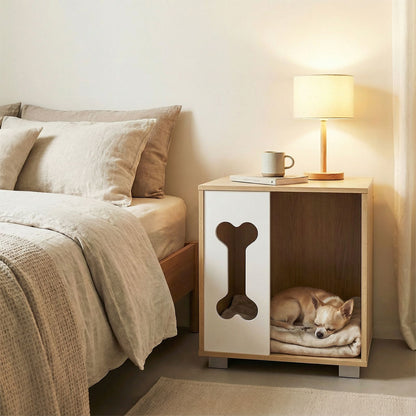 Dog Bed Side Table Wooden Dog Condo with Bone-Shape Window