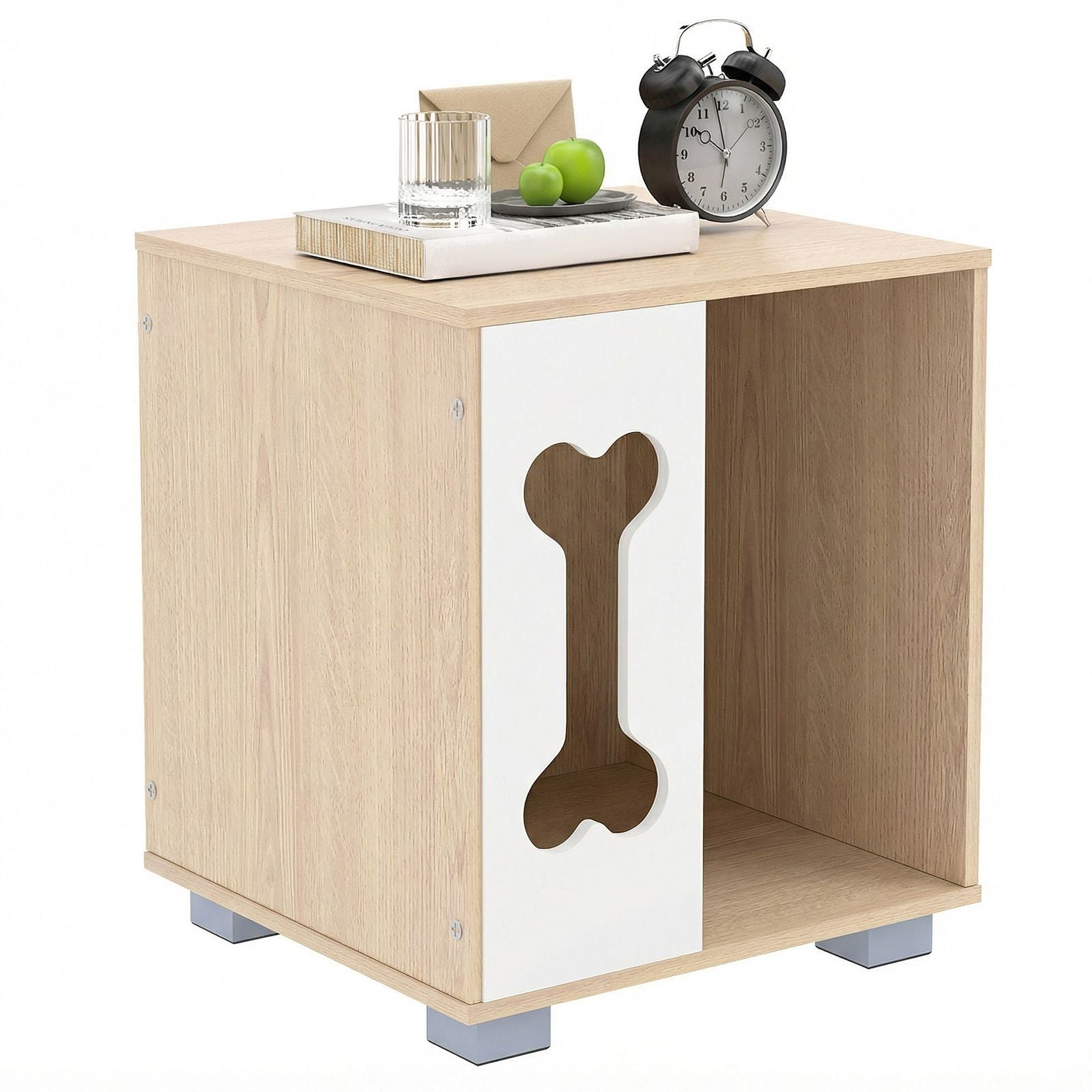 Dog Bed Side Table Wooden Dog Condo with Bone-Shape Window