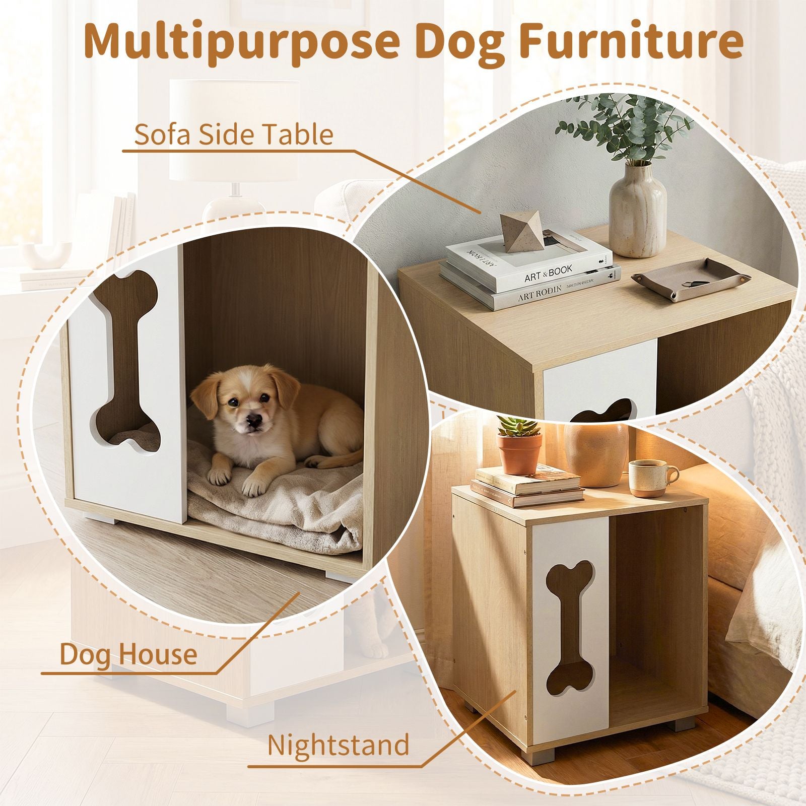 Dog Bed Side Table Wooden Dog Condo with Bone-Shape Window