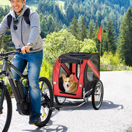 Dog Bike Trailer, Red & Black Pet Cart Wagon, Large Wheels