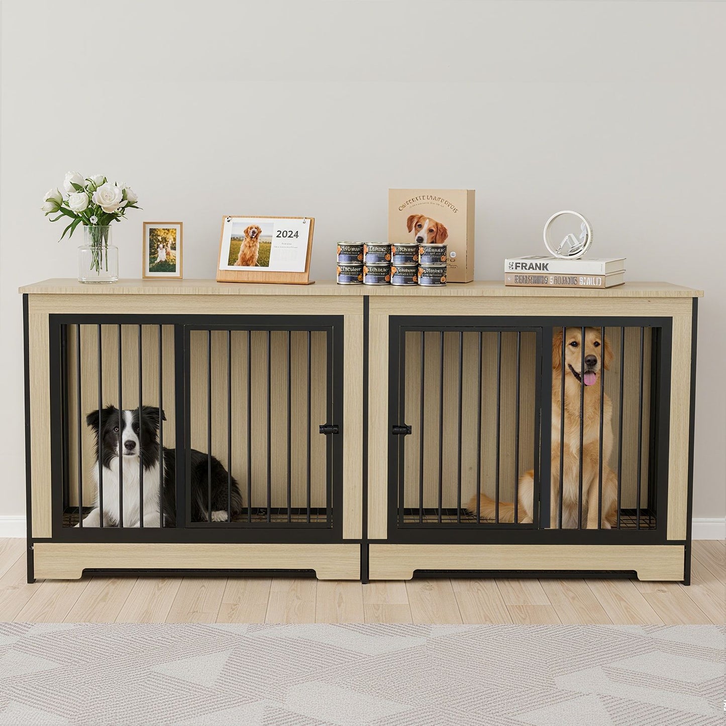 Dog Crate Furniture with Two Combined Room, XL Large Double Dog