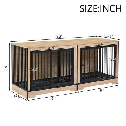 Dog Crate Furniture with Two Combined Room, XL Large Double Dog