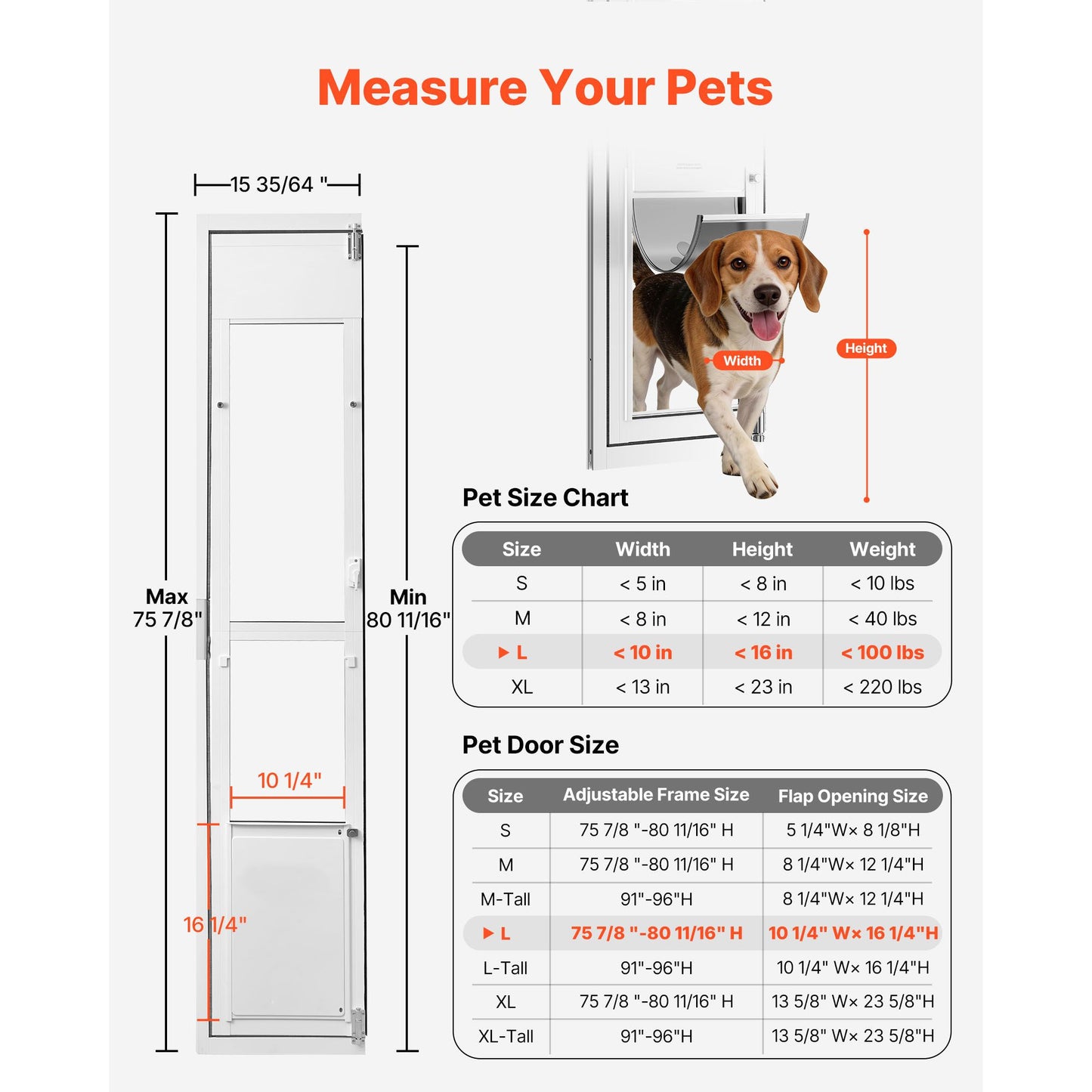Dog Door for Sliding Glass Door, 75 7/8 Adjustable Height, Aluminum