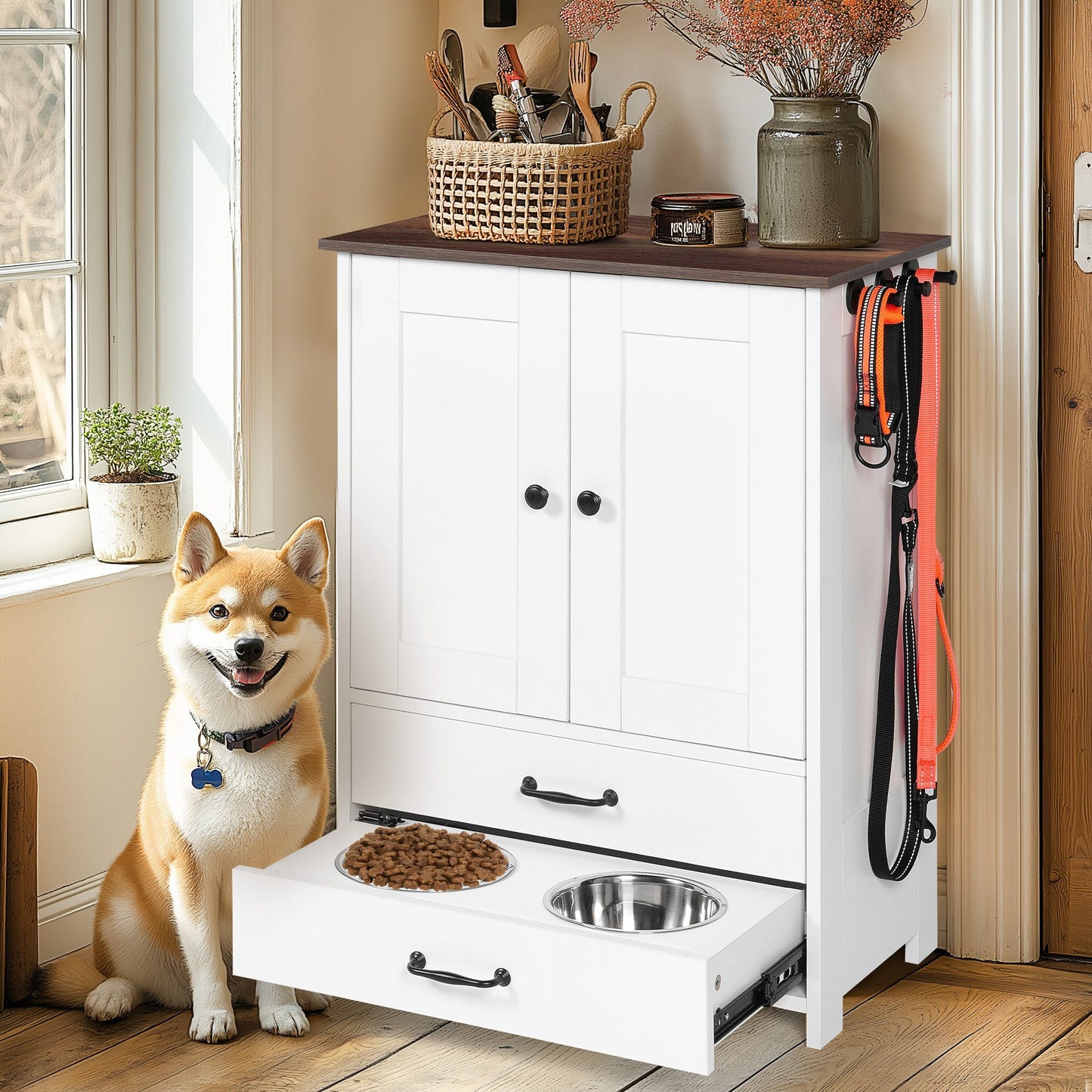 Dog Feeding Station, Double Door Locker with 2 Adjustable Dog