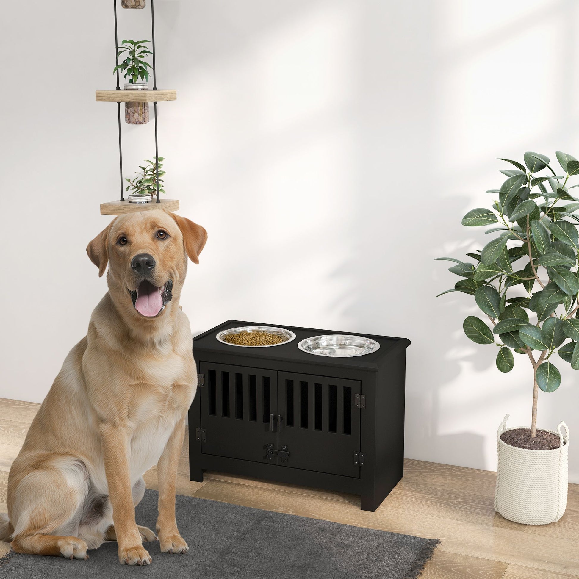 Dog Food Storage Cabinet with Bowls & Dog Feeding Station, Black