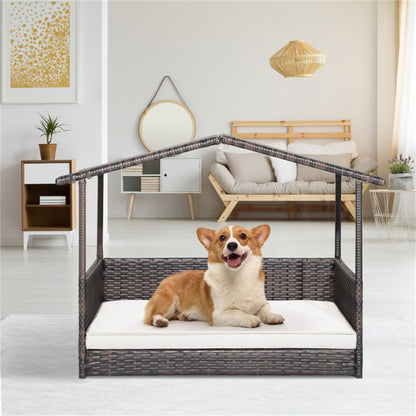 Dog House Outdoor with Canopy, Rattan Dog Bed with Water-Resistant