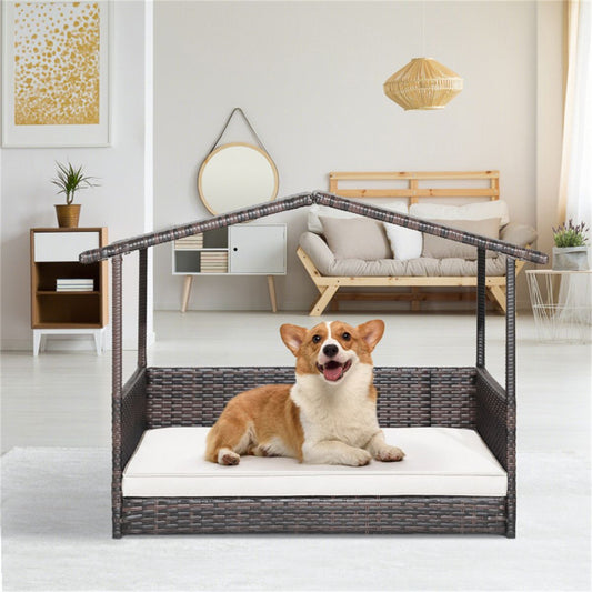 Dog House Outdoor with Canopy, Rattan Dog Bed with Water-Resistant