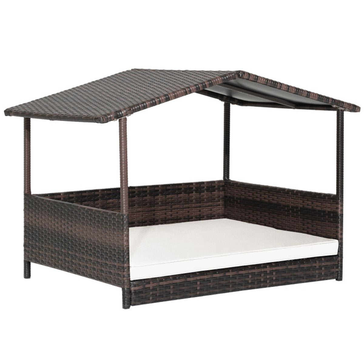 Dog House Outdoor with Canopy, Rattan Dog Bed with Water-Resistant