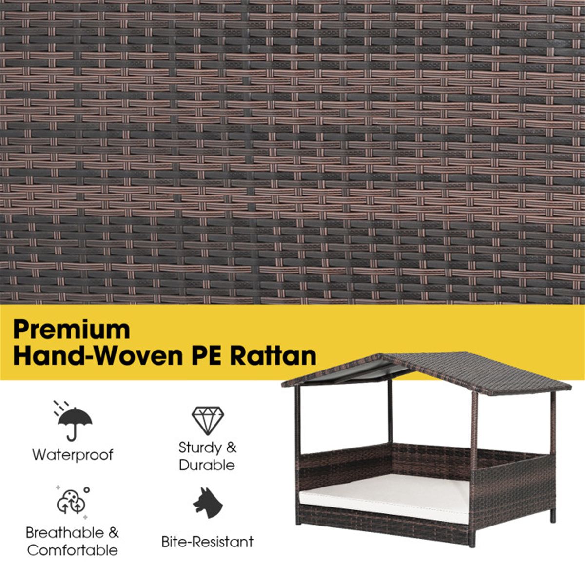 Dog House Outdoor with Canopy, Rattan Dog Bed with Water-Resistant
