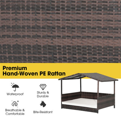 Dog House Outdoor with Canopy, Rattan Dog Bed with Water-Resistant