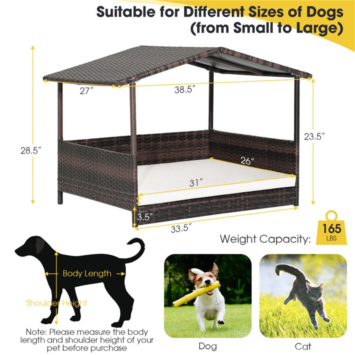 Dog House Outdoor with Canopy, Rattan Dog Bed with Water-Resistant