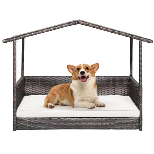 Dog House Outdoor with Canopy, Rattan Dog Bed with Water-Resistant