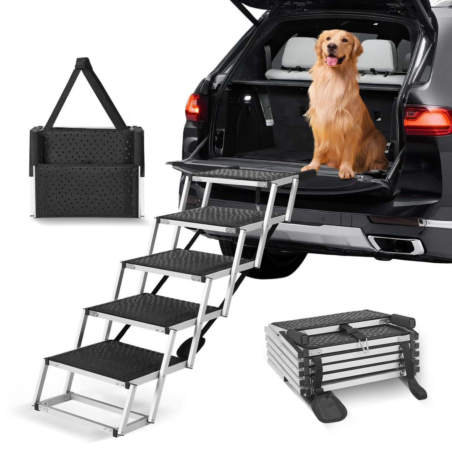 Dog Stair for Cars, Wide 5-Step Dog Car Steps, Folding Dog Car Ramp