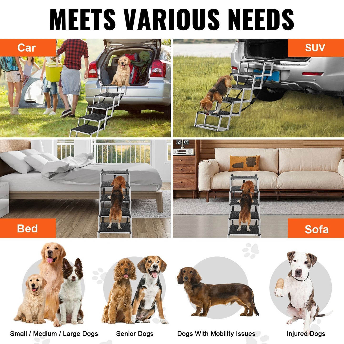 Dog Stair for Cars, Wide 5-Step Dog Car Steps, Folding Dog Car Ramp