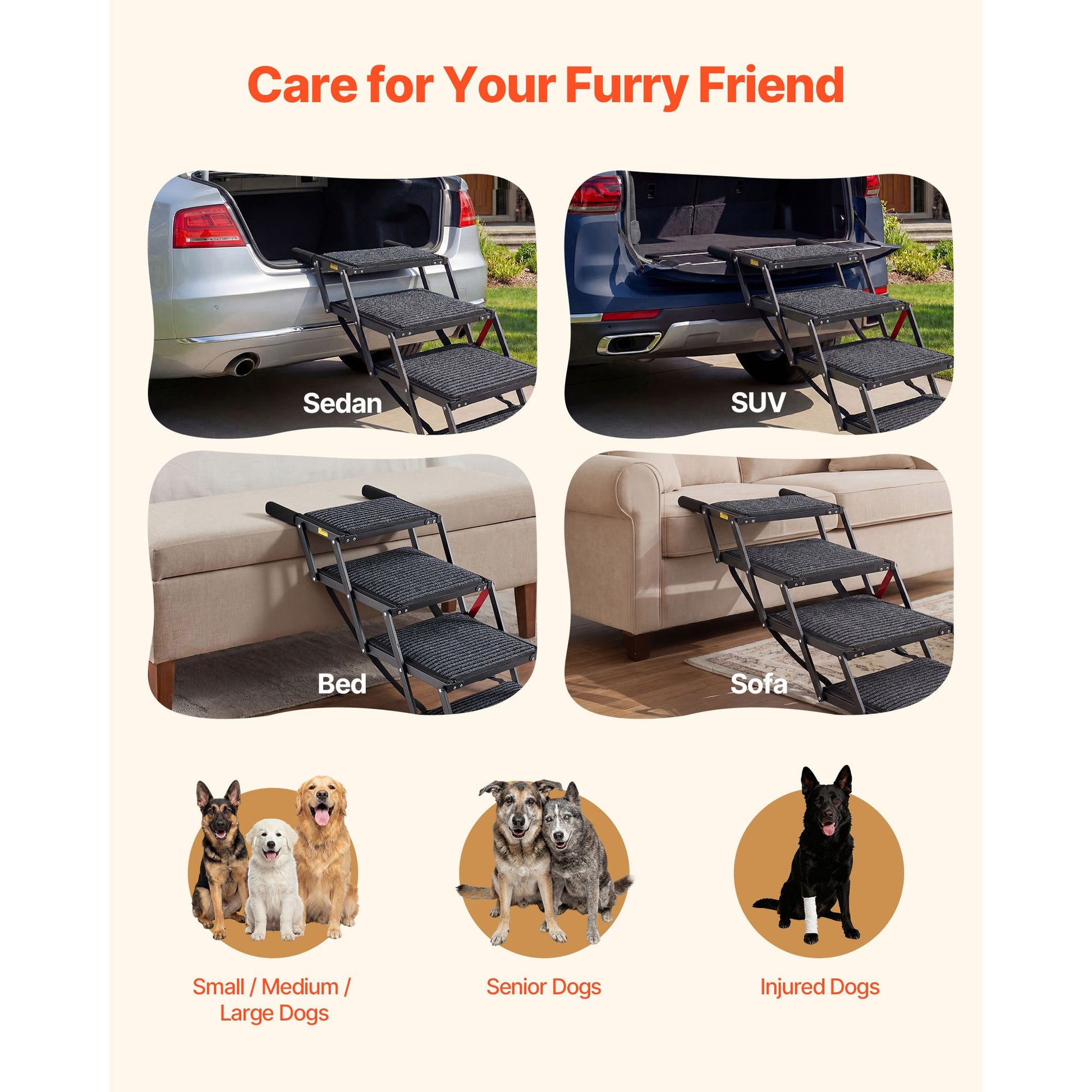Dog Stairs for Car, 4 Steps Extra Wide Foldable Dog Ramp
