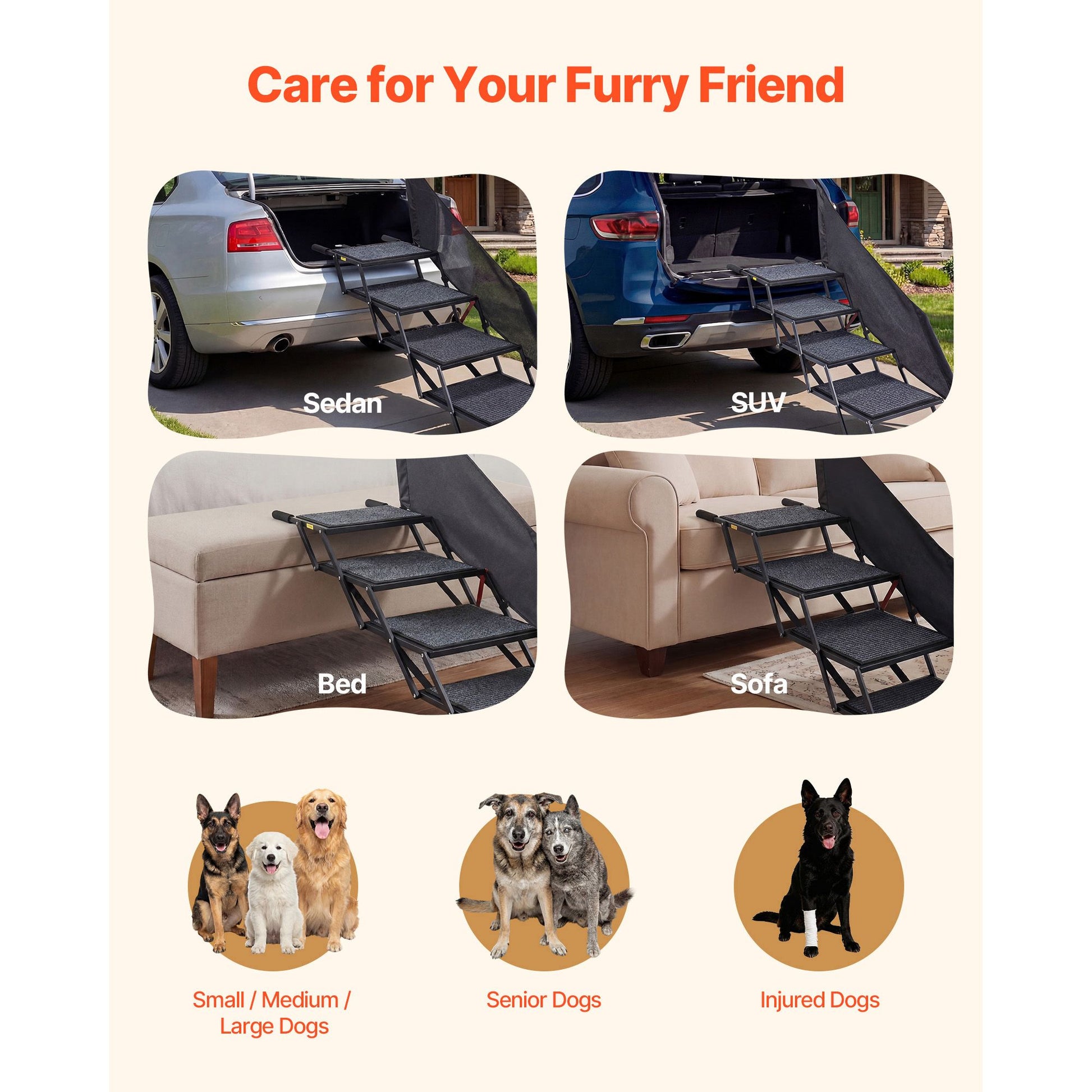 Dog Stairs for Car, 4 Steps Extra Wide Foldable Dog Ramp