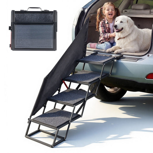 Dog Stairs for Car, 4 Steps Extra Wide Foldable Dog Ramp