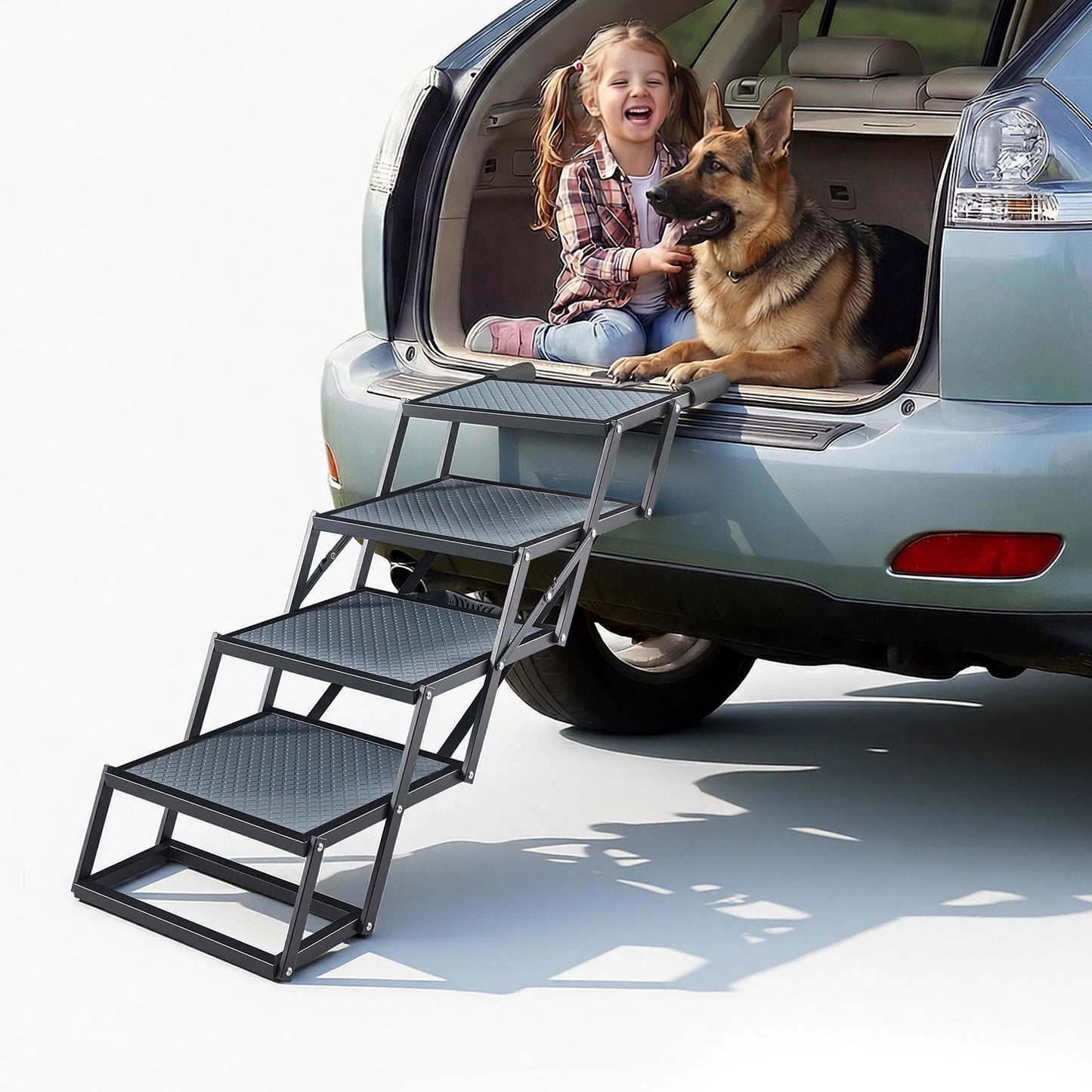 Dog Stairs for Car, 4 Steps Extra Wide Foldable Dog Ramp