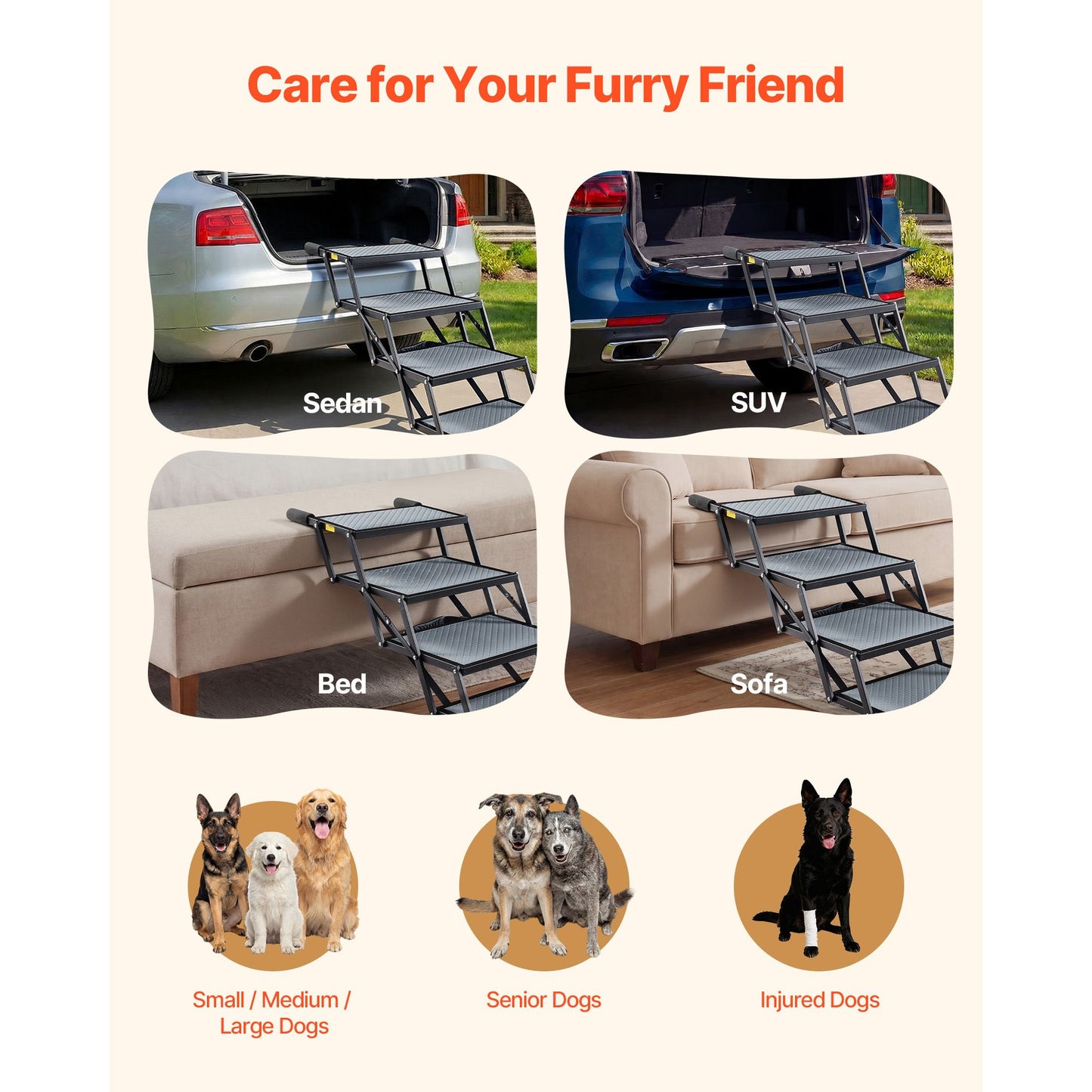 Dog Stairs for Car, 4 Steps Extra Wide Foldable Dog Ramp