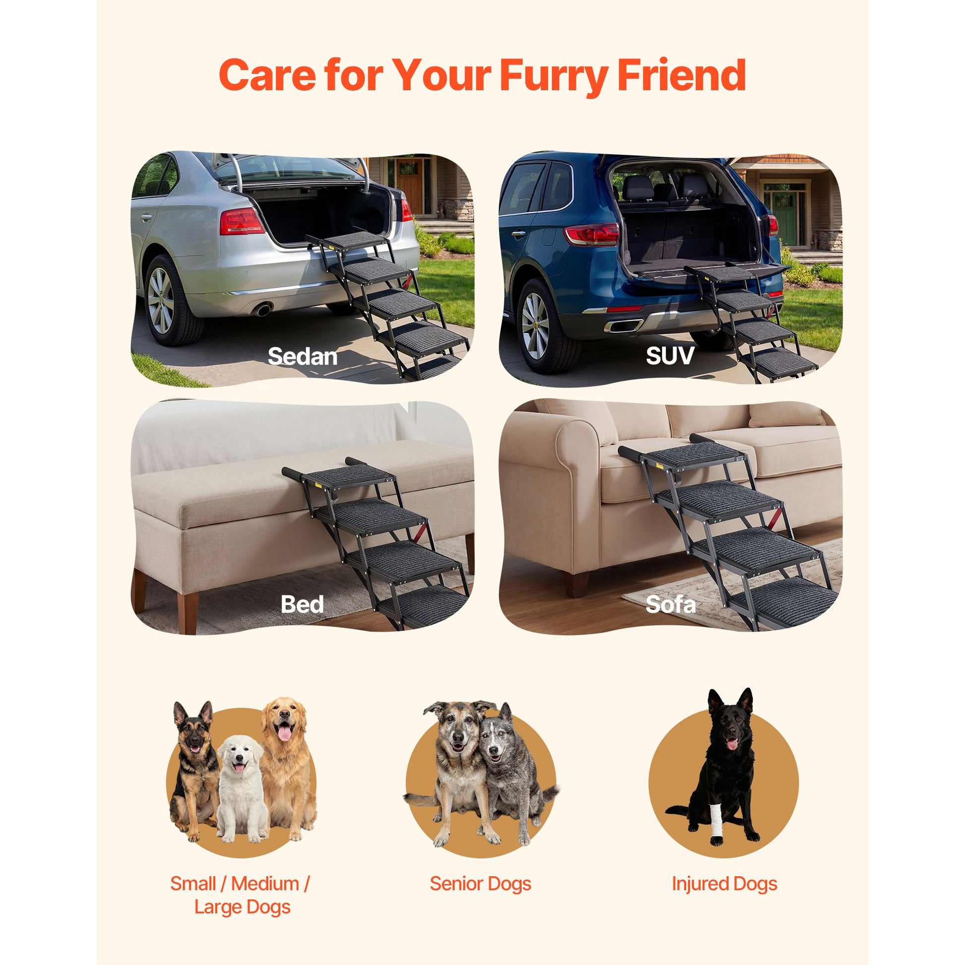 Dog Stairs for Car, 5 Steps Extra Wide Foldable Dog Ramp