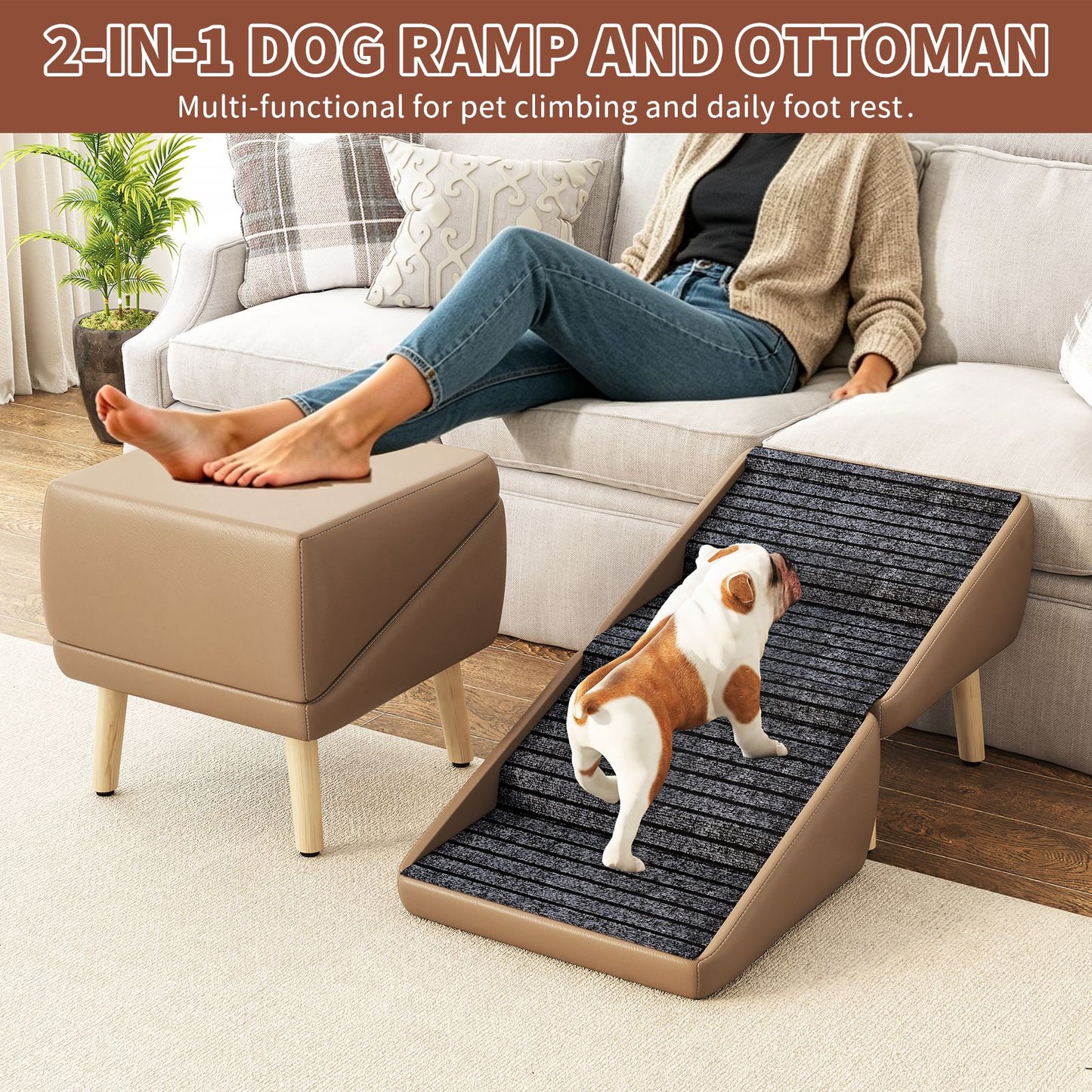 Dog Stairs for Small Dogs, 2-in-1 Pet Steps & Ottoman -