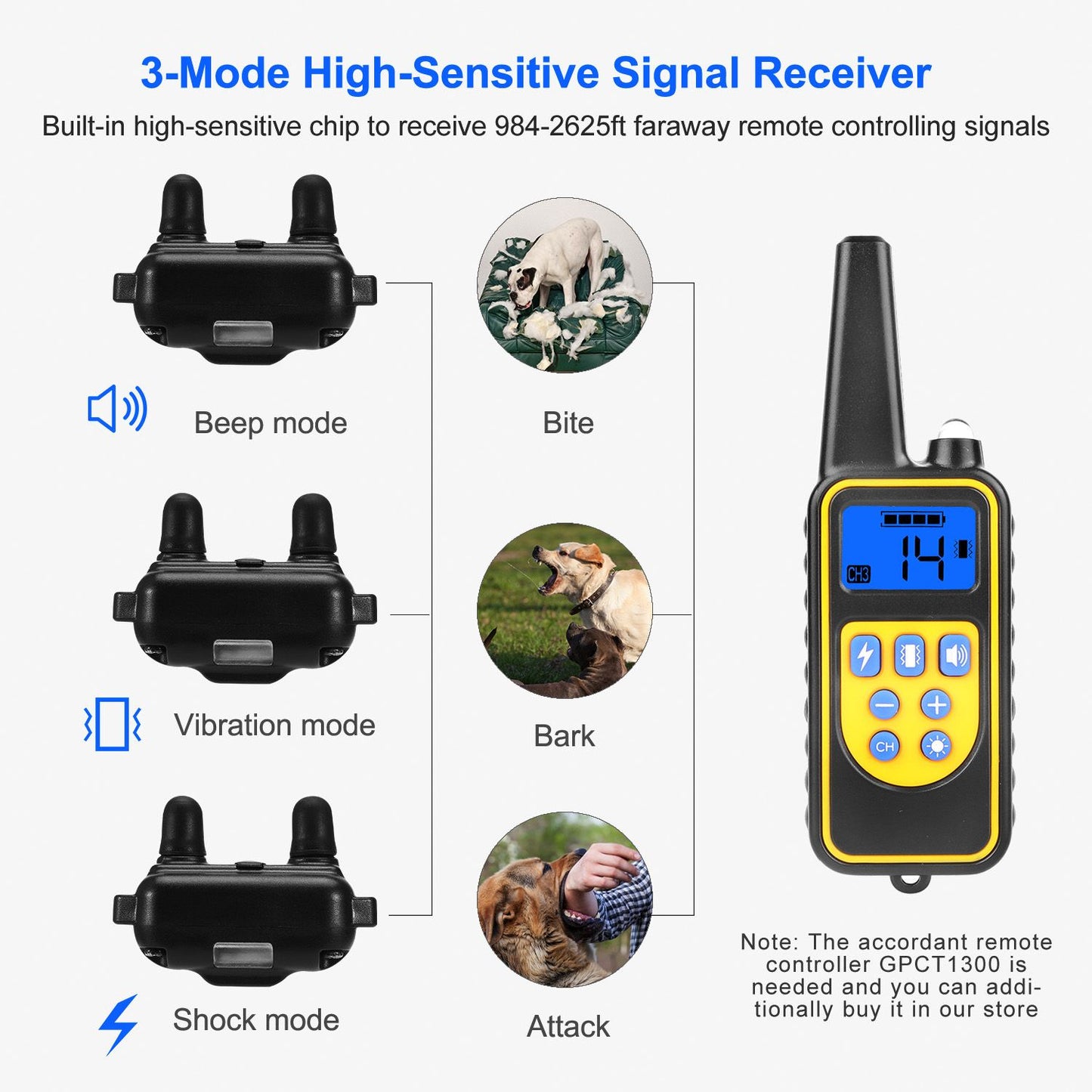 Dog Training Collar Receiver IP67 Waterproof Dog Bark Shock Collar