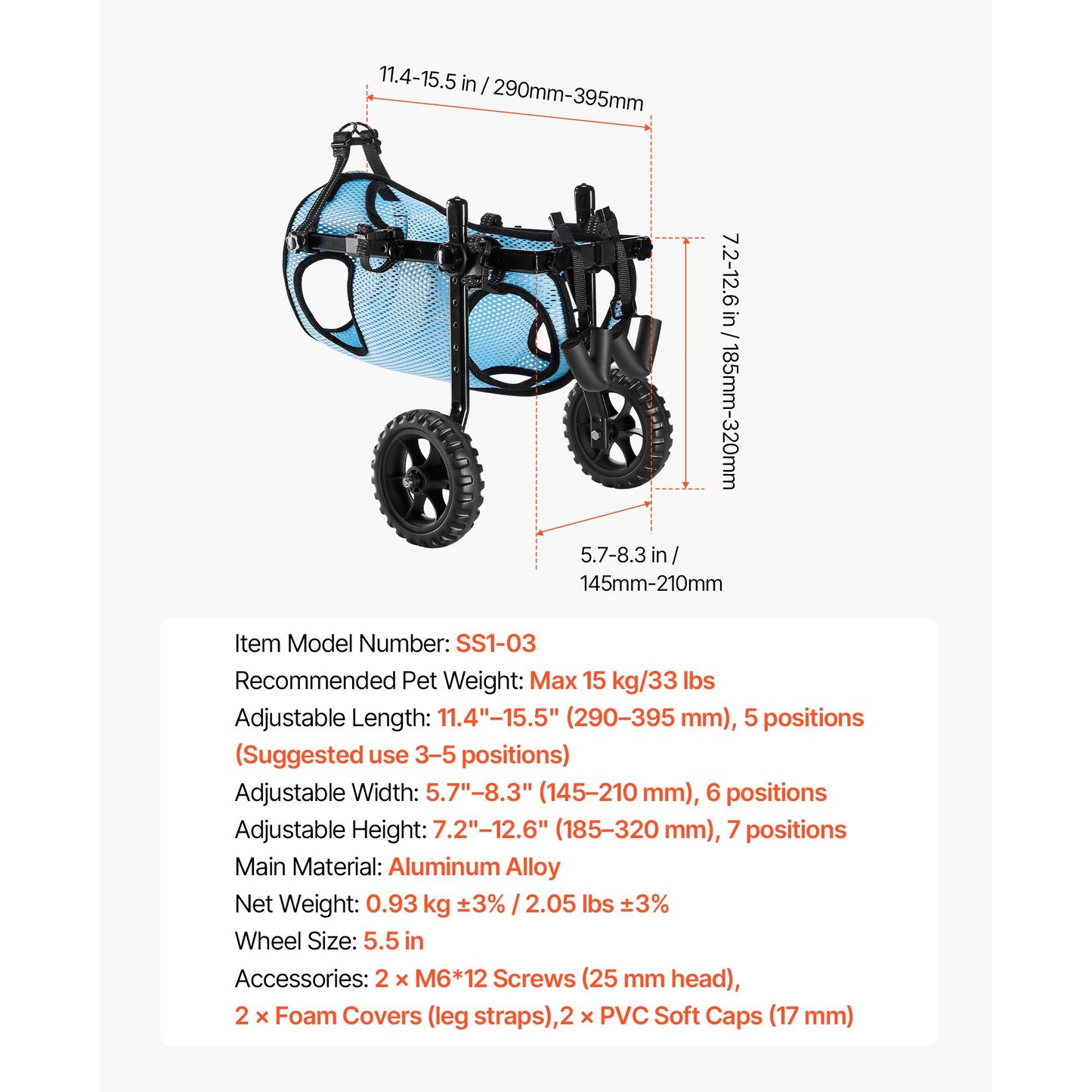 Dog Wheelchair for Back Legs, Adjustable 2 Wheels Pet Wheelchair