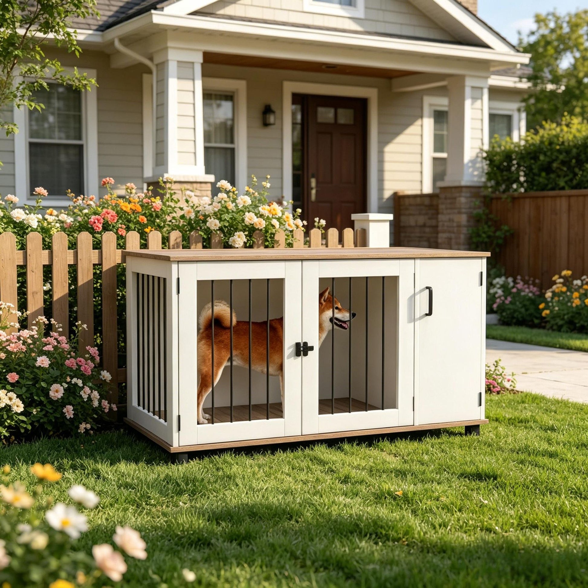 Double Door Dog Crate End Table Furniture Indoor with Storage Wood