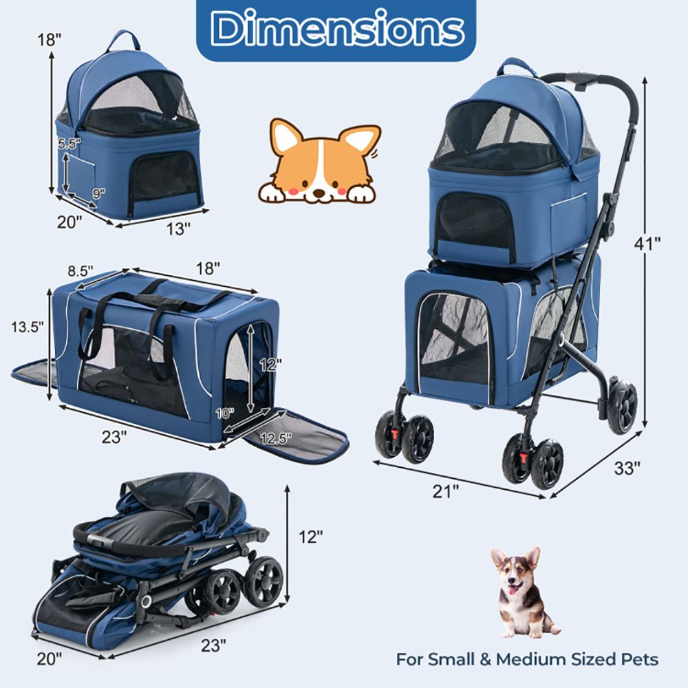 Double Pet Stroller Foldable 3-in-1 Dog Stroller with 2 Detachable