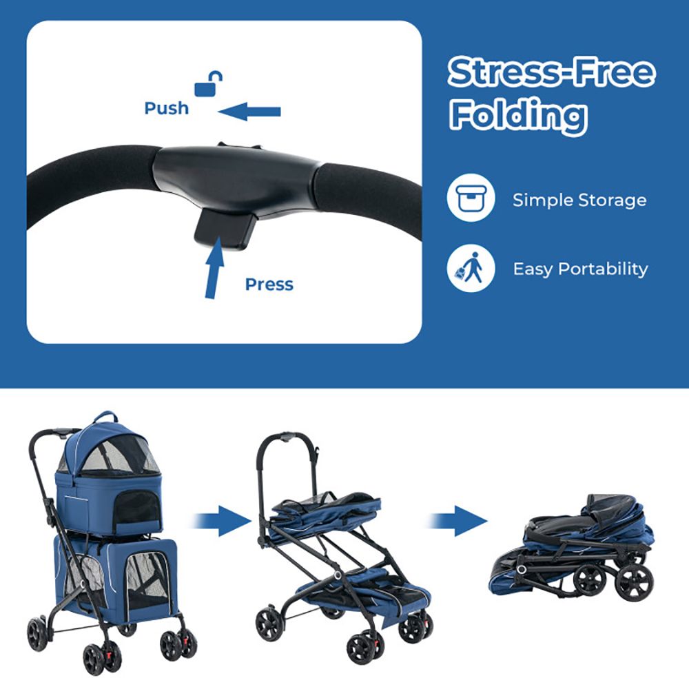 Double Pet Stroller Foldable 3-in-1 Dog Stroller with 2 Detachable