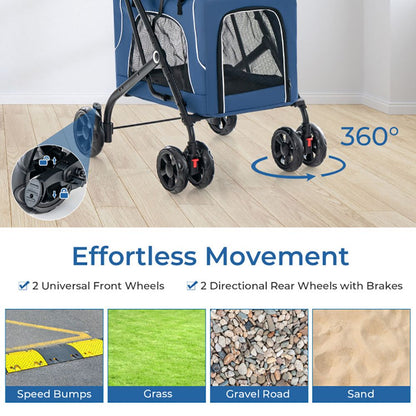 Double Pet Stroller Foldable 3-in-1 Dog Stroller with 2 Detachable