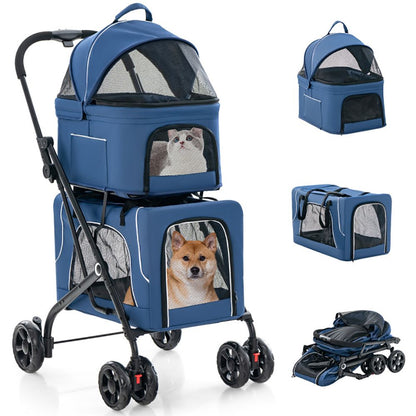 Double Pet Stroller Foldable 3-in-1 Dog Stroller with 2 Detachable