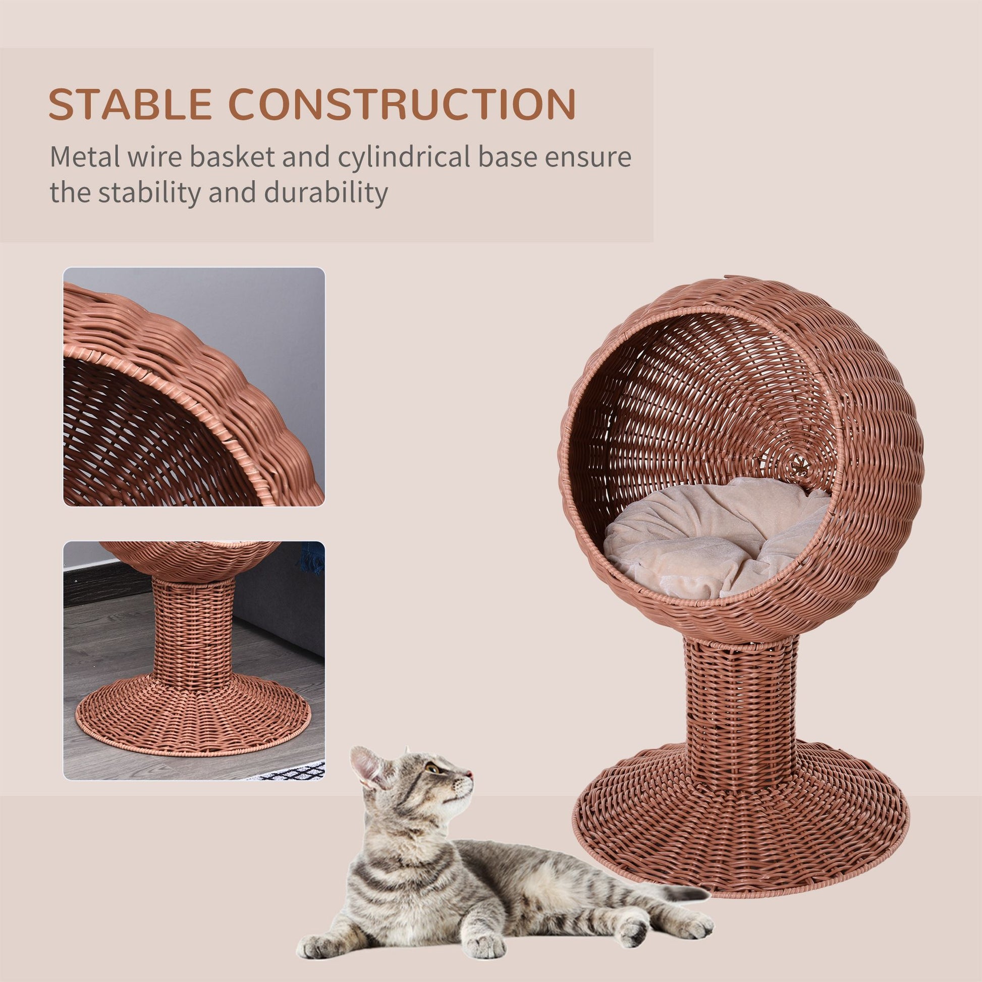 Elevated Cat Bed, Rotatable Egg Chair Pod, Thick Cushion, Natural