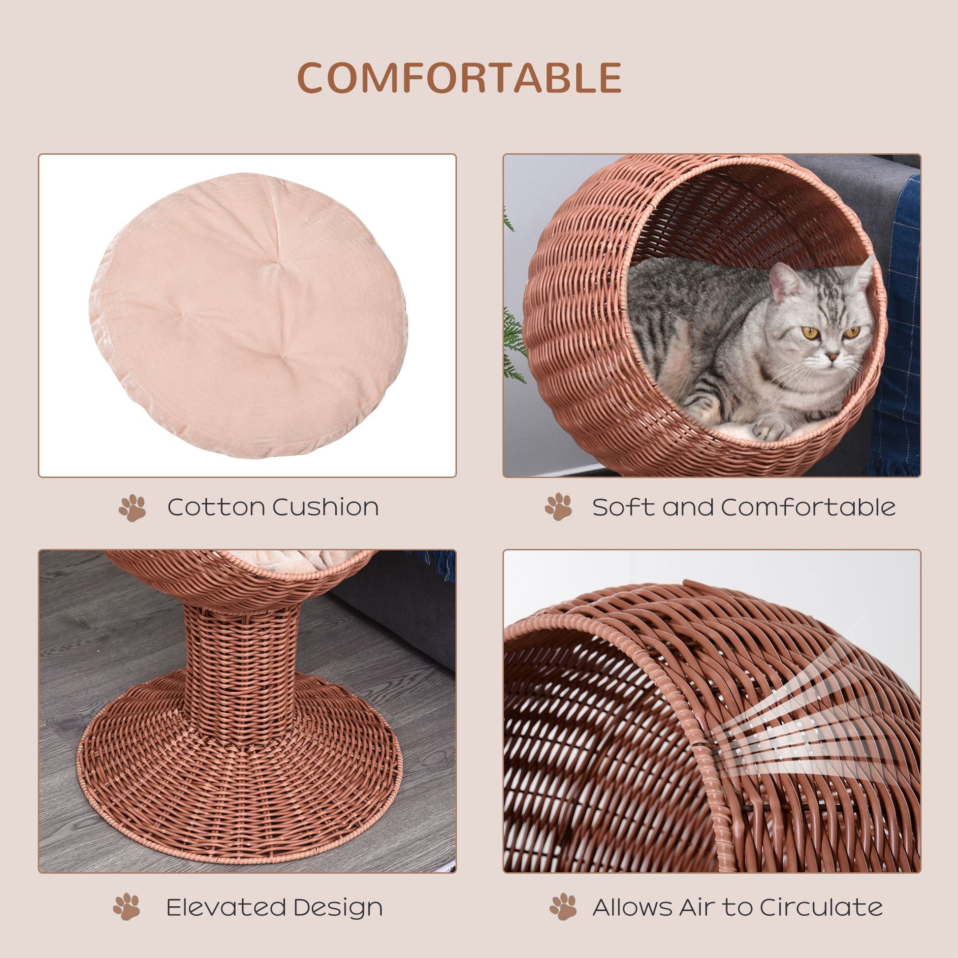 Elevated Cat Bed, Rotatable Egg Chair Pod, Thick Cushion, Natural
