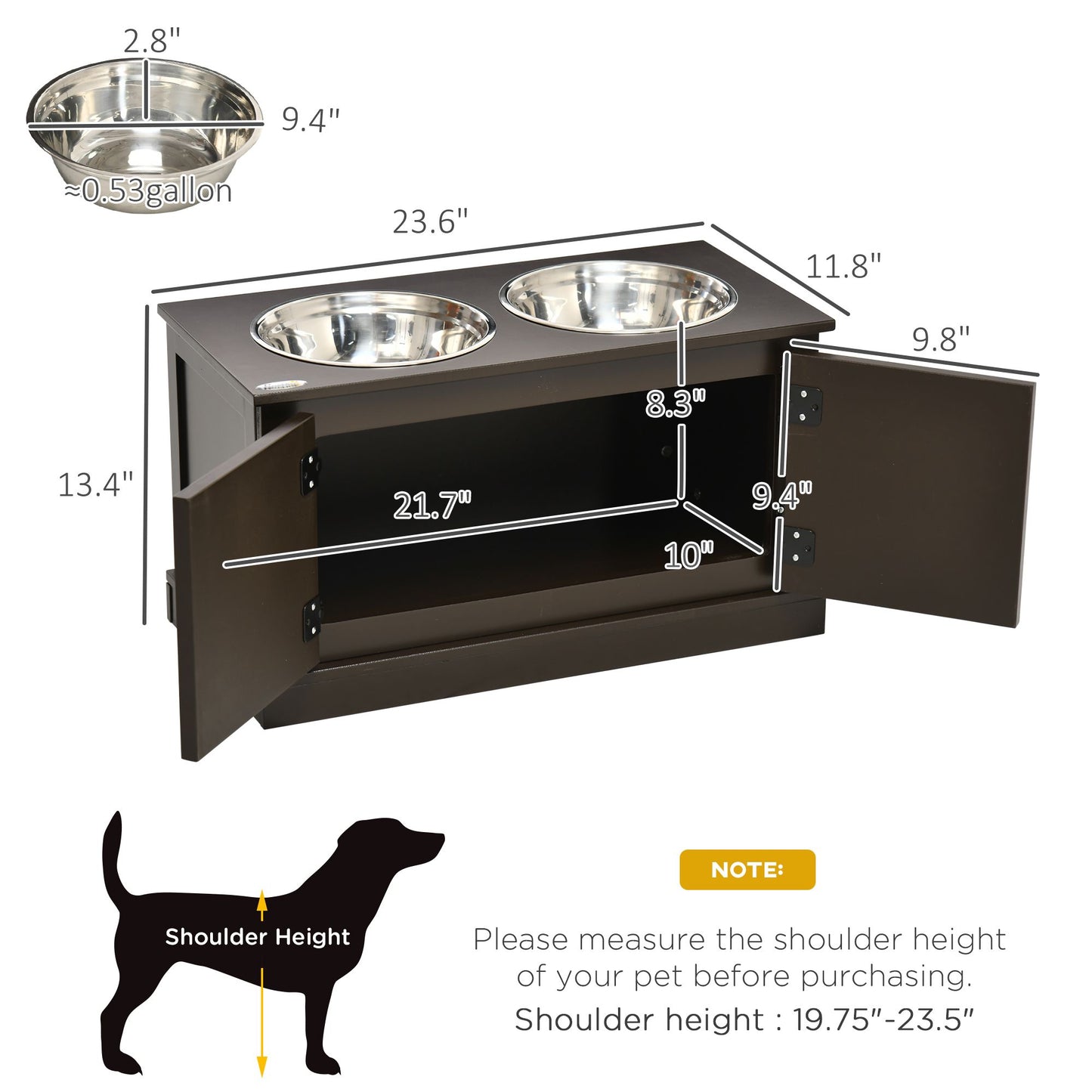 Elevated Dog Bowls with Storage, Two Stainless Steel Bowls