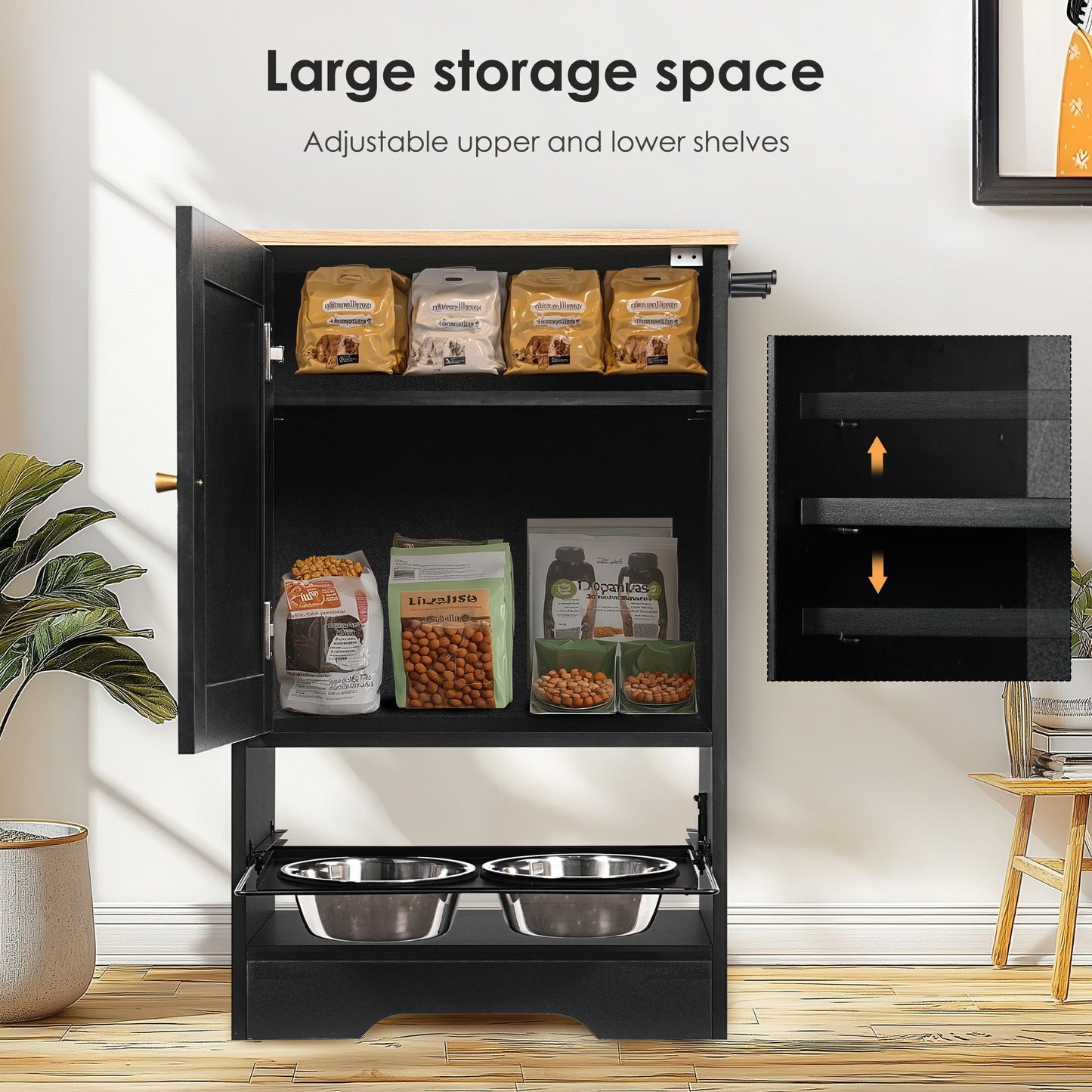 Feeding Station with 1 Storage Cabinets, Pet Feeding Station with 2