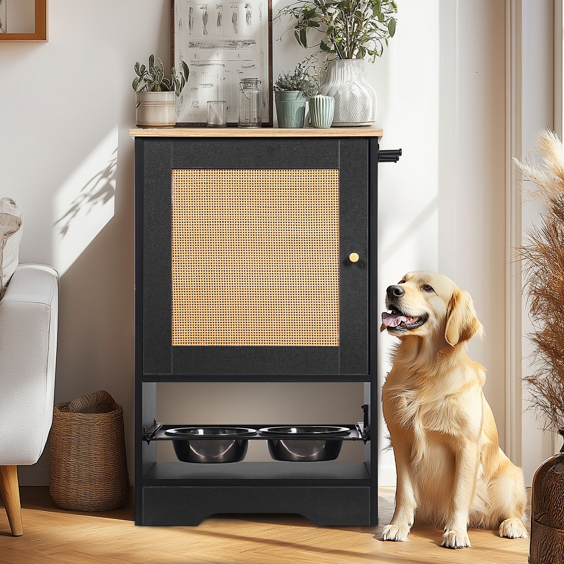 Feeding Station with 1 Storage Cabinets, Pet Feeding Station with 2
