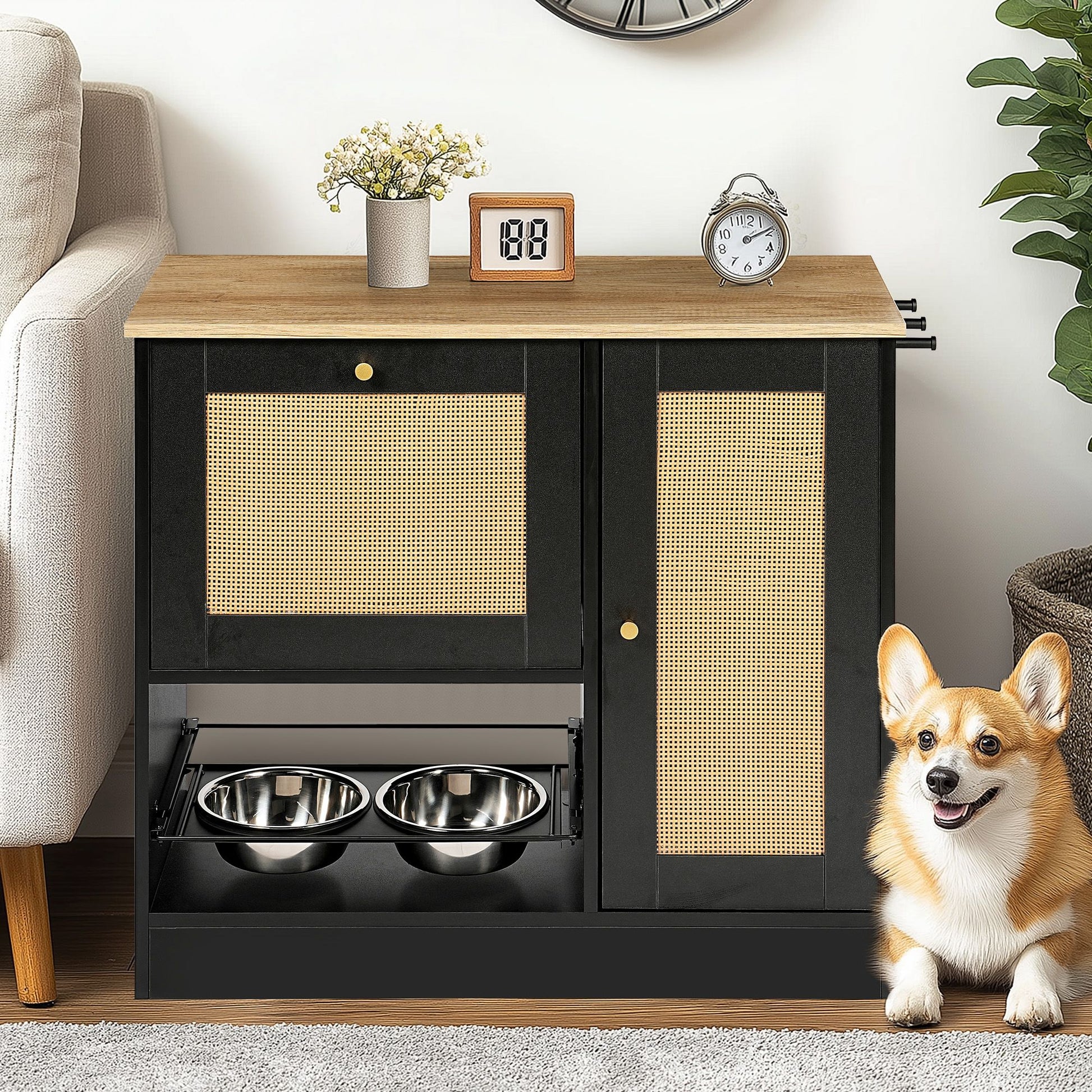 Feeding Station with 2 Lockers, Pet Feeding Station with 2 Elevated