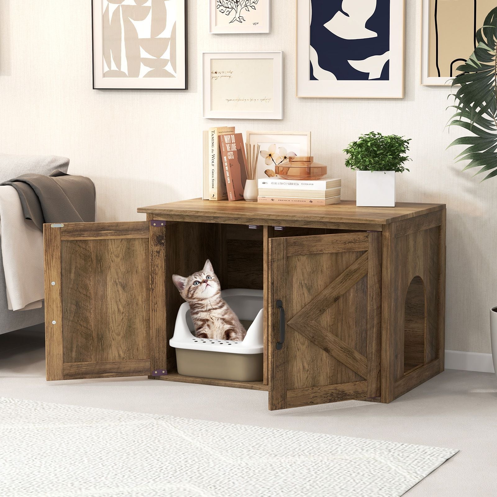 Flip Top Hidden Cat Washroom Furniture with Double Barn Doors