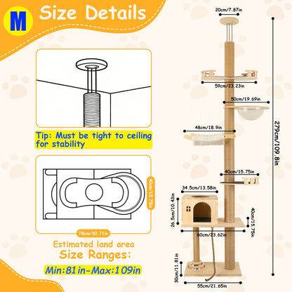Floor to Ceiling Cat Tree, 6 Level Adjustable Height Climbing Tower