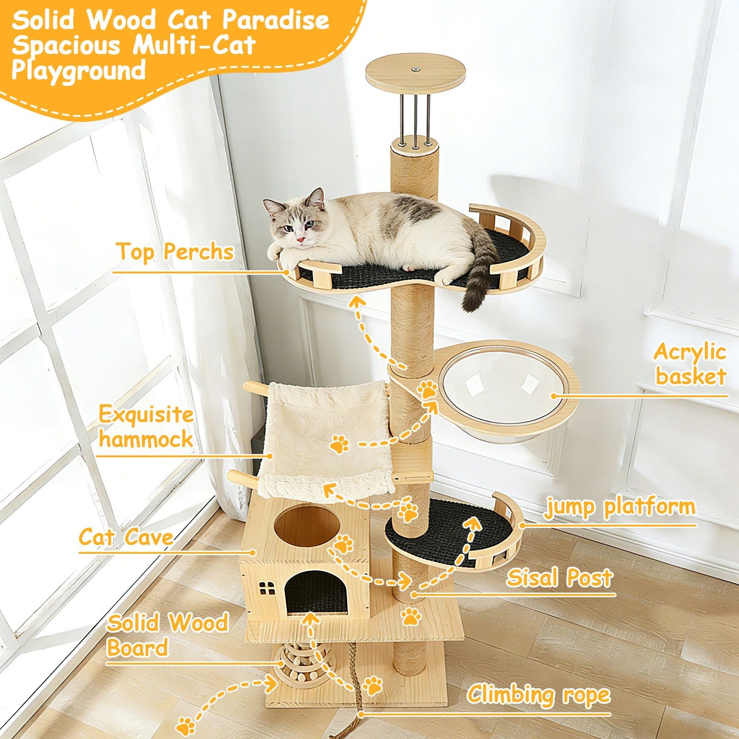 Floor to Ceiling Cat Tree, 6 Level Adjustable Height Climbing Tower