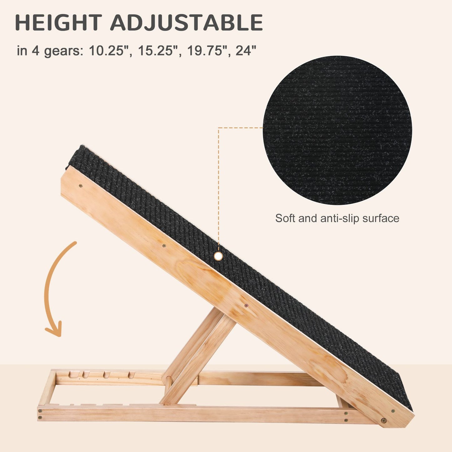 Foldable Pet Ramp with Non-Slip Carpet Height Adjustable Pine Wood
