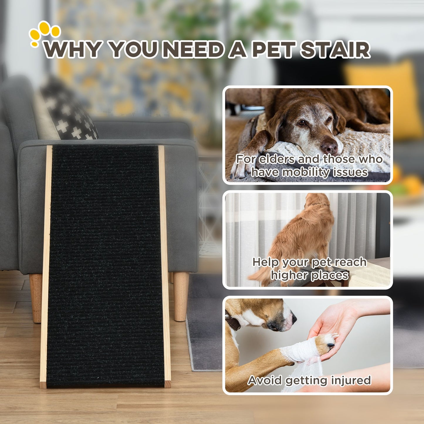 Foldable Pet Ramp with Non-Slip Carpet Height Adjustable Pine Wood