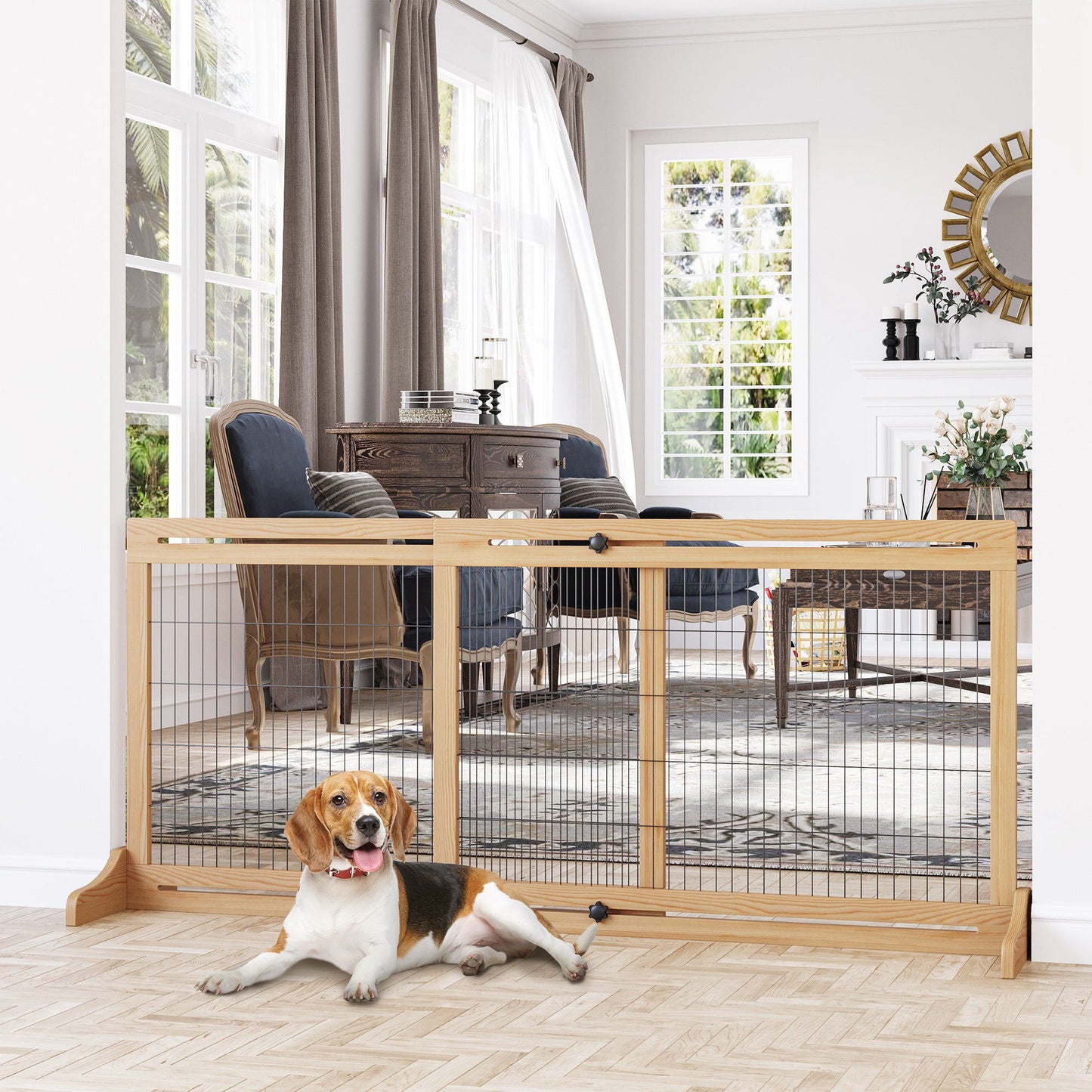 Freestanding Pet Gate Extra Wide 72 H Dog Cat Barrier Natural