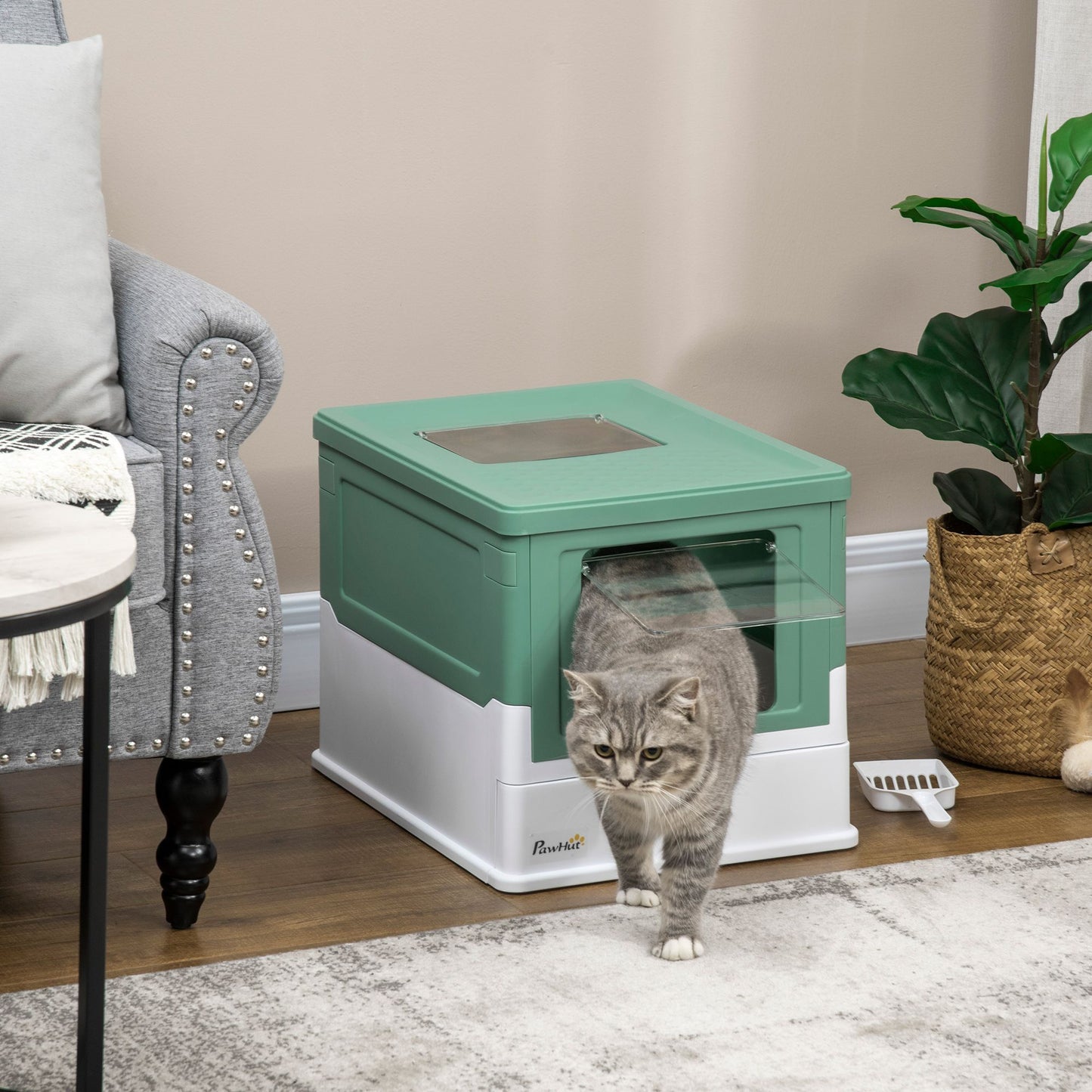 Fully Enclosed Cat Litter Box with Front Entry and Top Exit