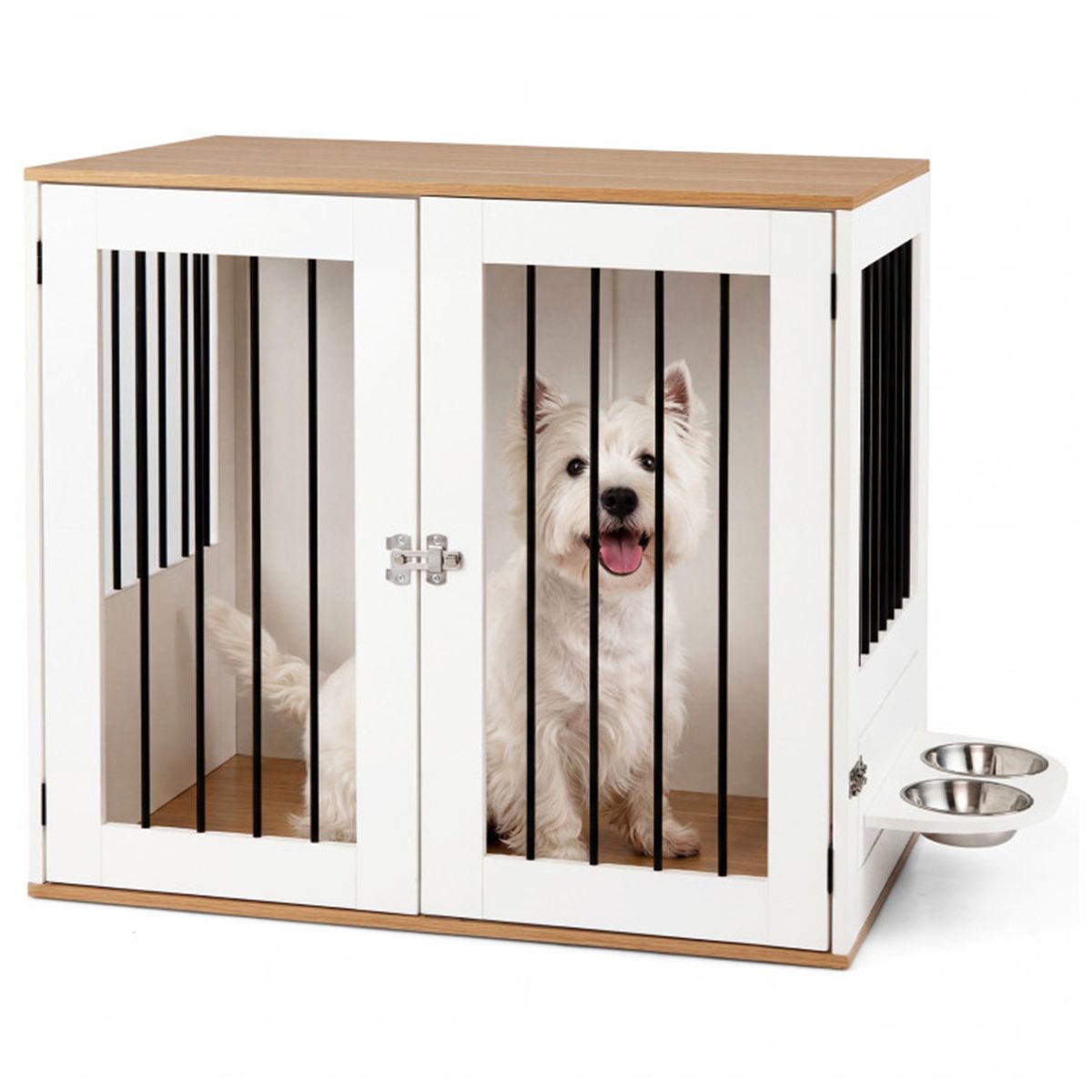 Furniture Style Dog Crate with 360° Rotating Feeder & 304 Stainless