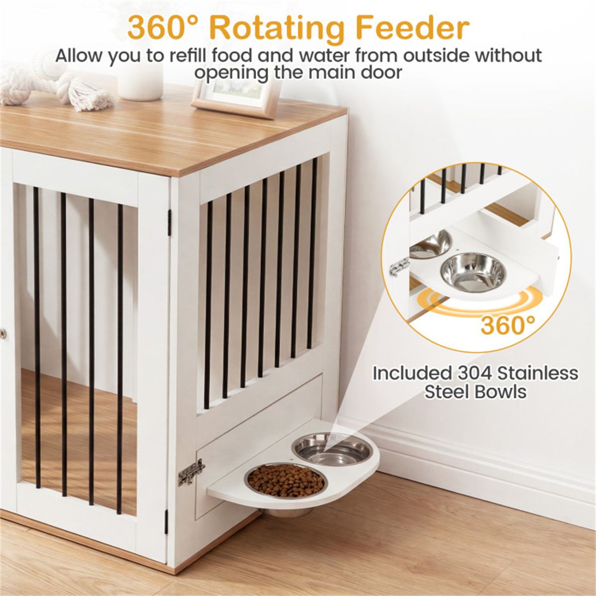 Furniture Style Dog Crate with 360° Rotating Feeder & 304 Stainless