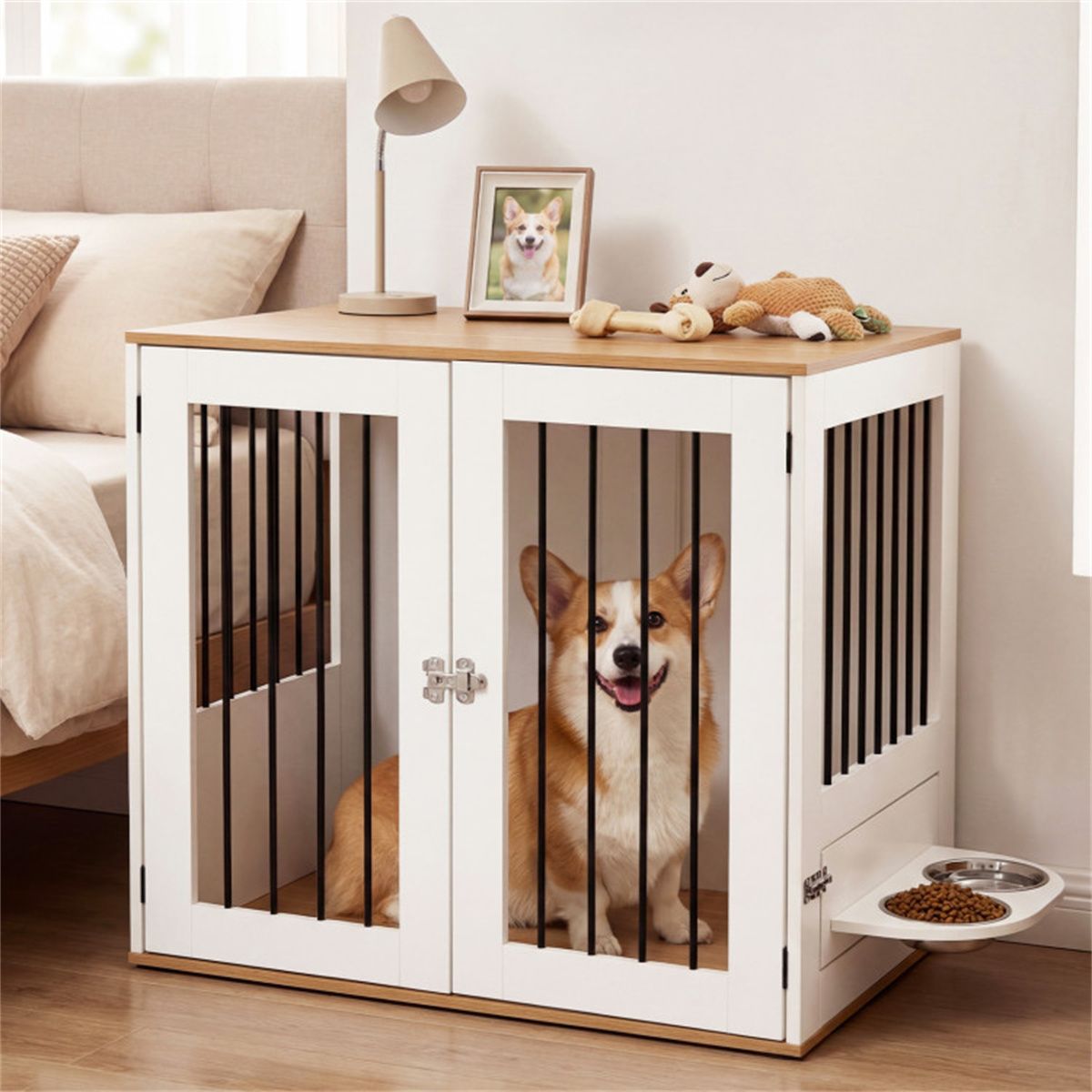 Furniture Style Dog Crate with 360° Rotating Feeder & 304 Stainless